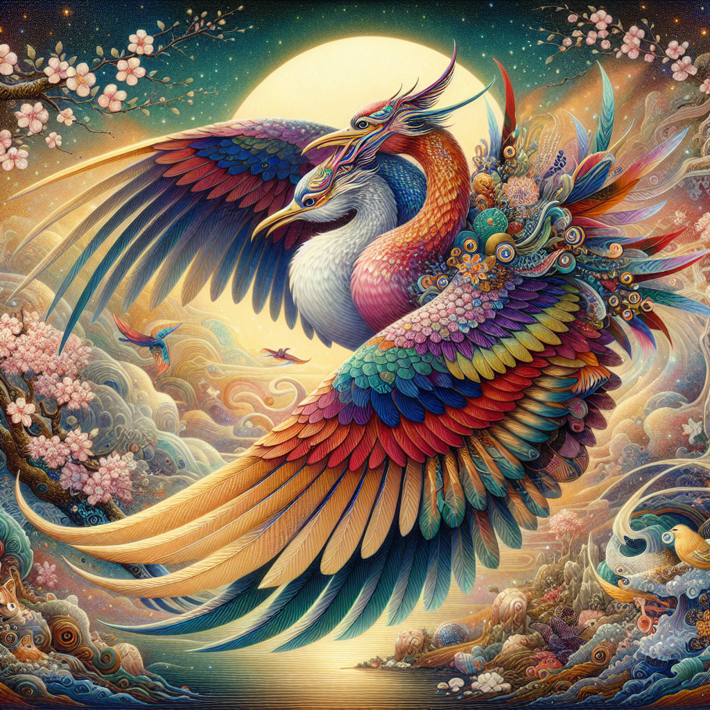 Mythical Two-Headed Bird in Colorful Landscape