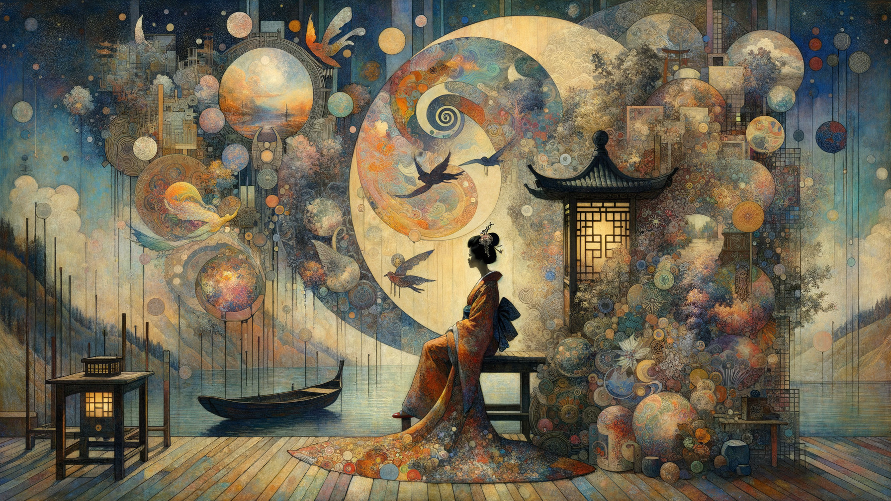 Japanese woman in floral kimono on elegant porch scene