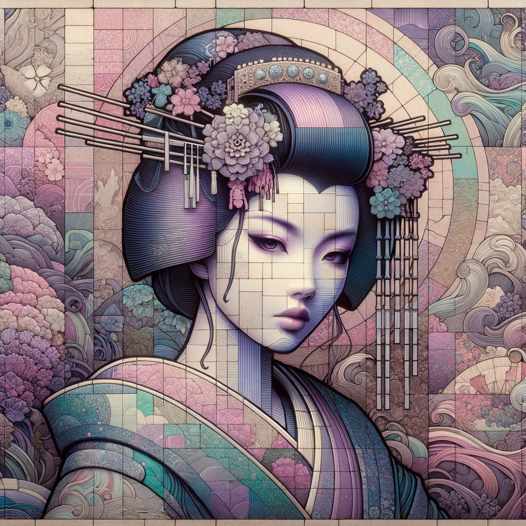 Anime-style geisha portrait with pastel floral mosaic