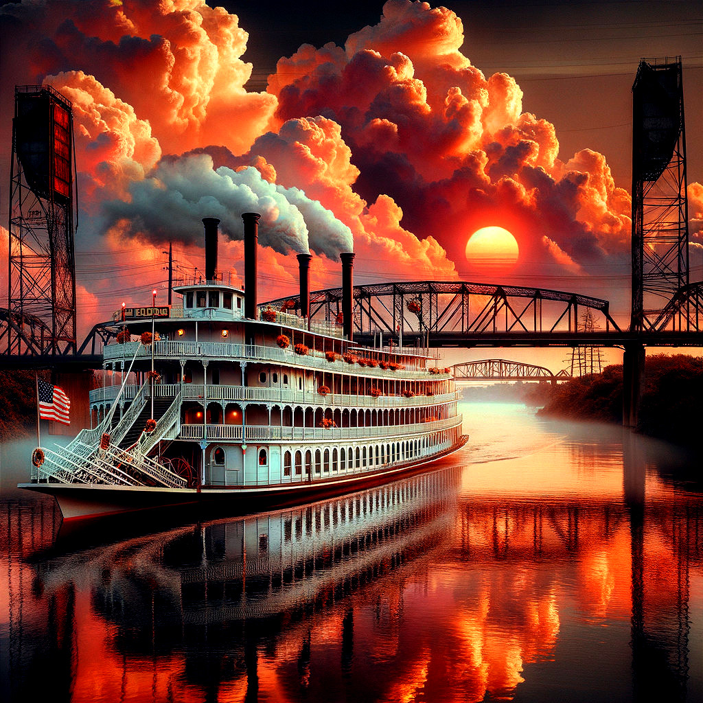 Steamboat on River at Sunset with Dramatic Clouds