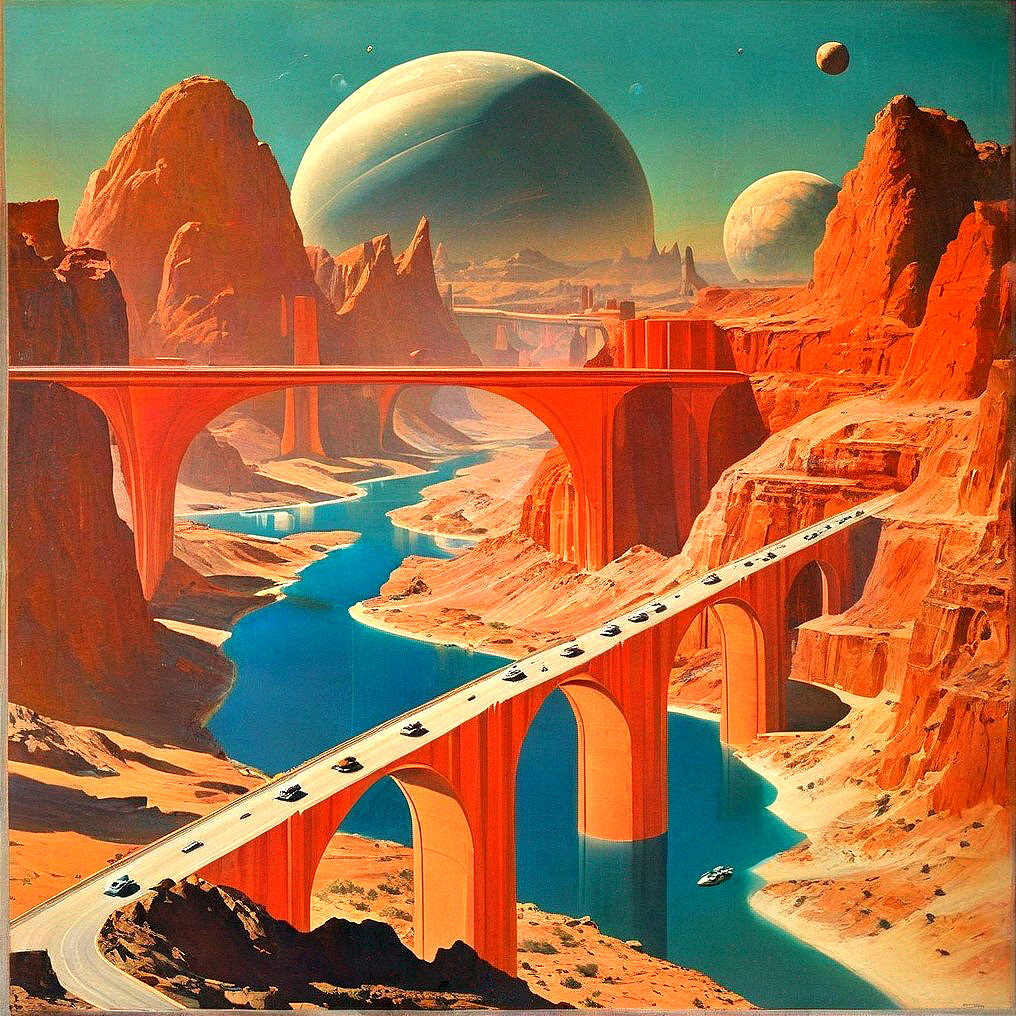 Vibrant Sci-Fi Landscape with Red Rocks and Blue River