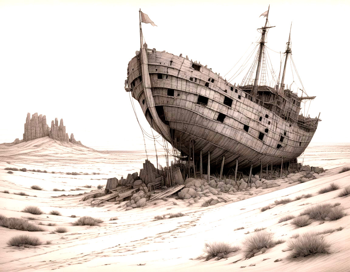 Abandoned Ship in Desert Landscape with Rocky Formations