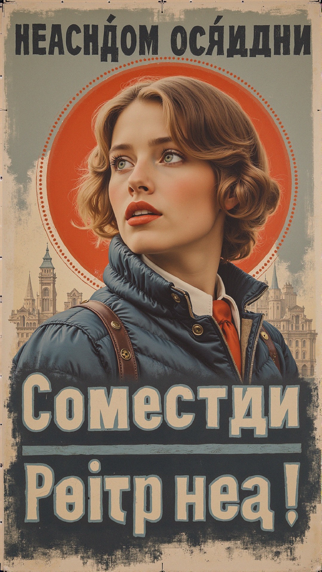 Vintage Propaganda Poster with Young Woman and Cityscape