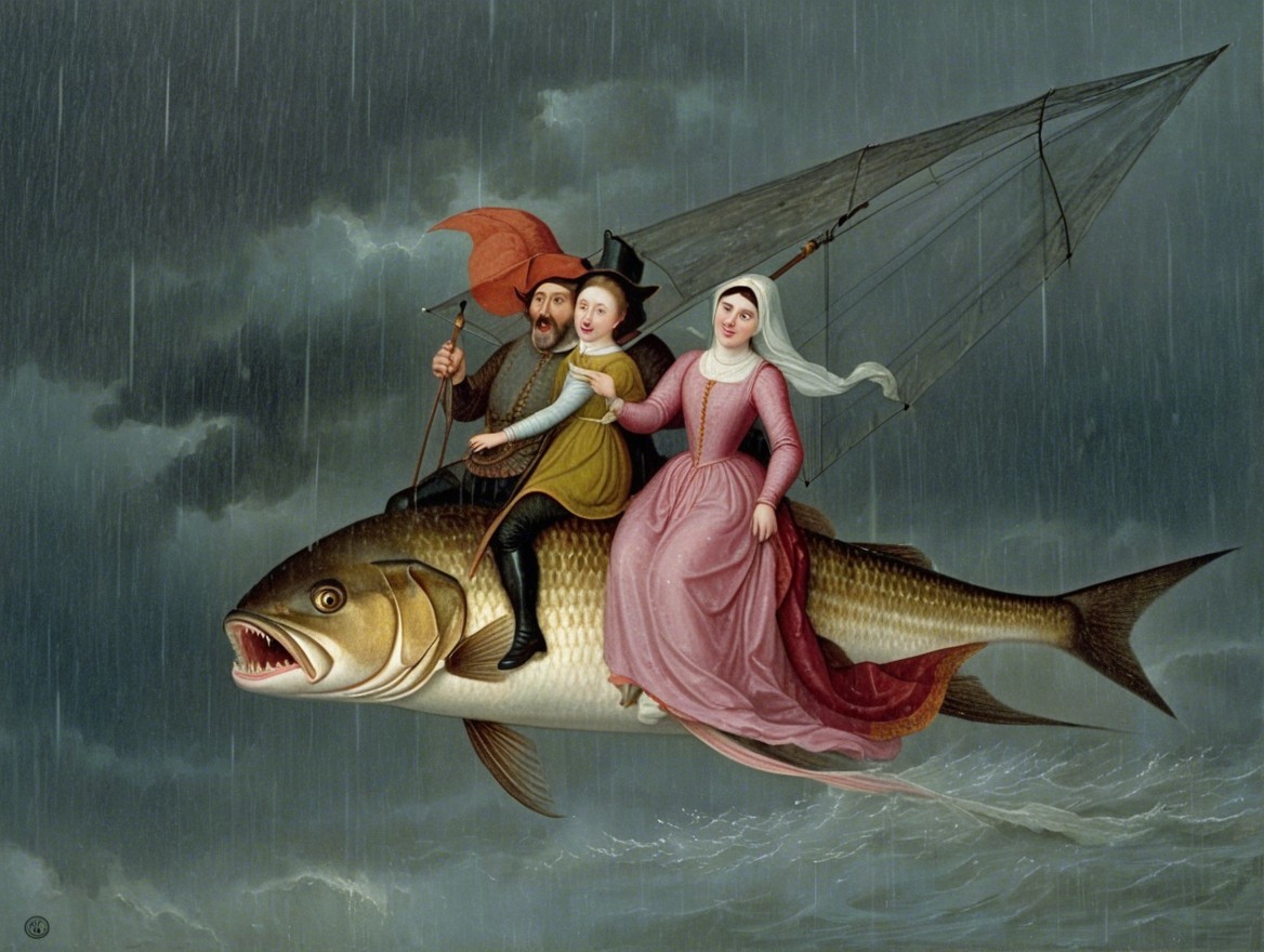 Whimsical Figures Riding a Fish in Stormy Sea