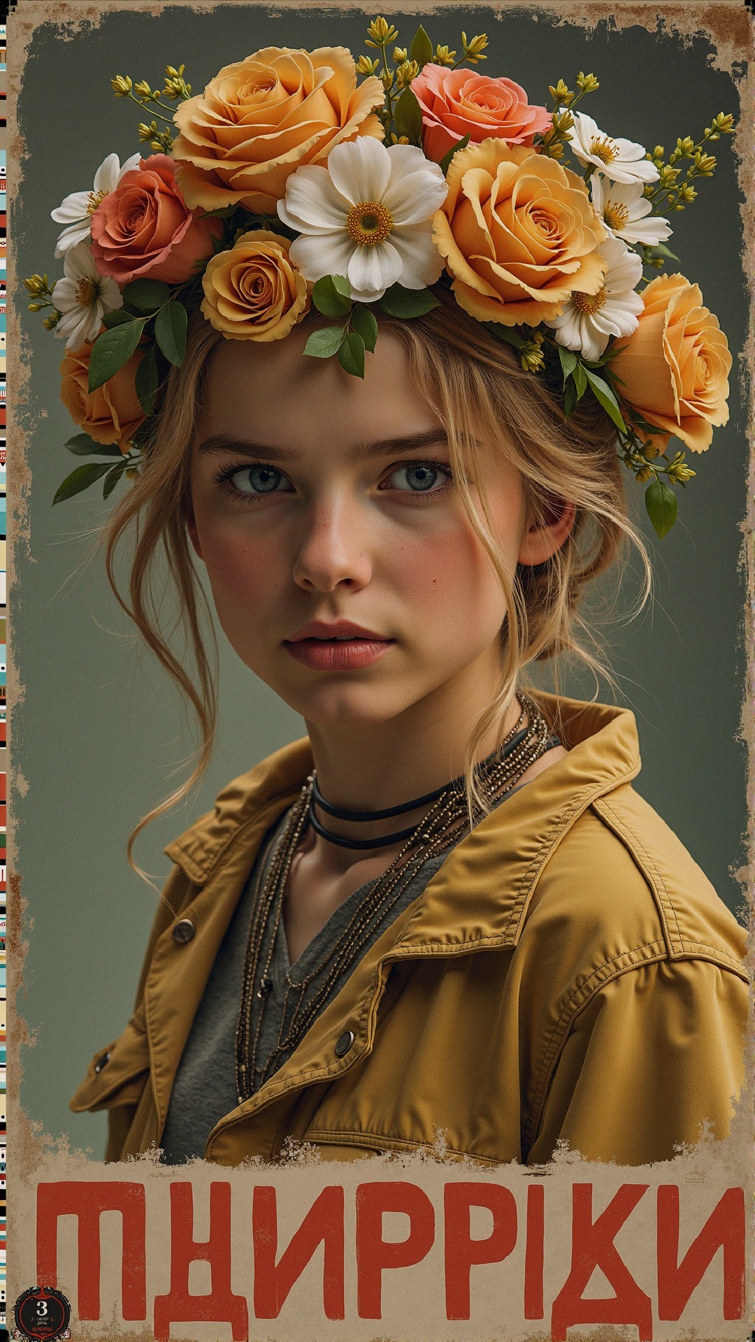 Young woman with floral crown and thoughtful expression