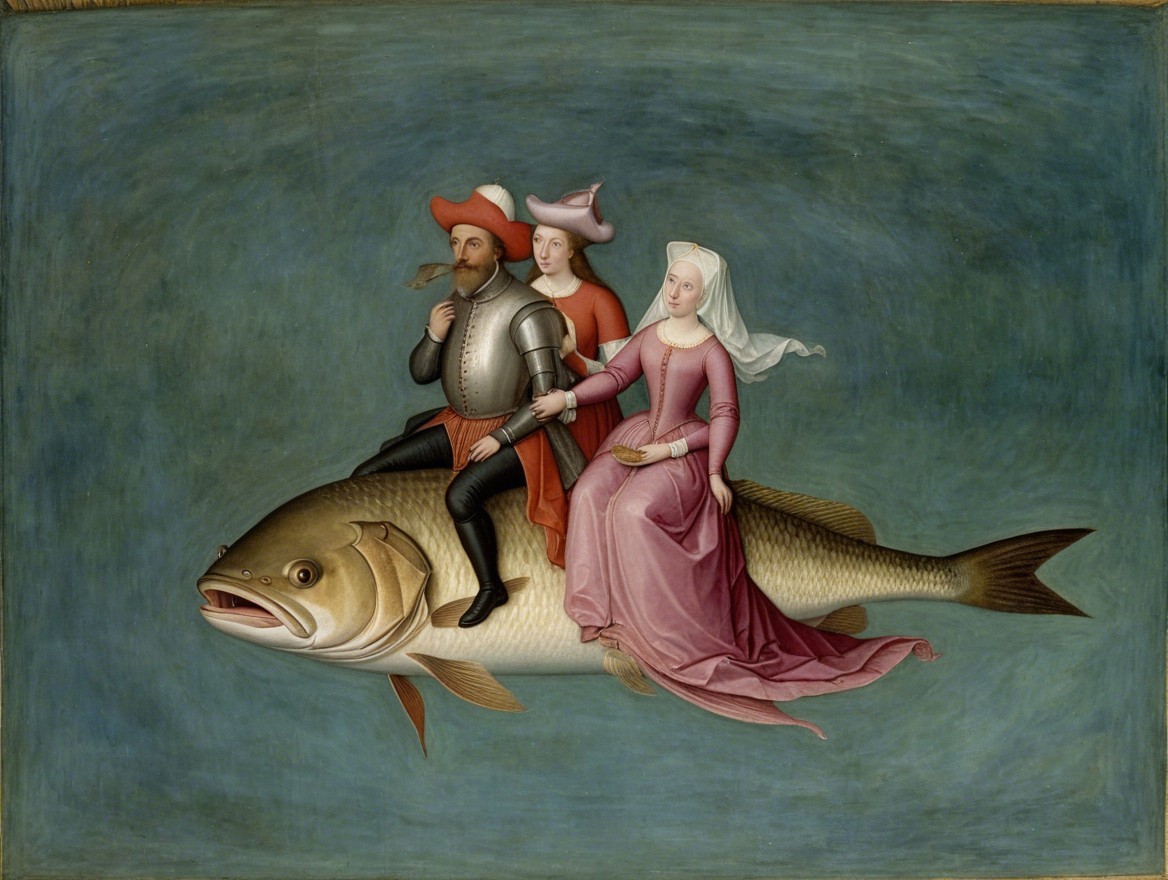 Whimsical Artwork of Figures Riding a Giant Fish