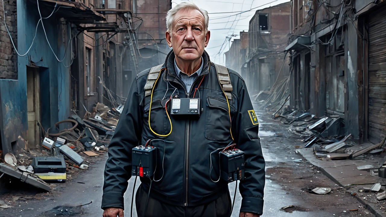 Older man in a desolate urban environment with debris