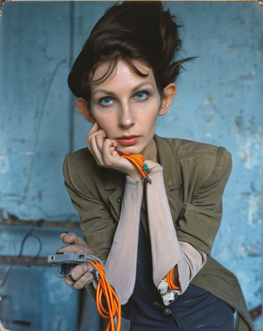 Portrait of a woman with expressive eyes and cables