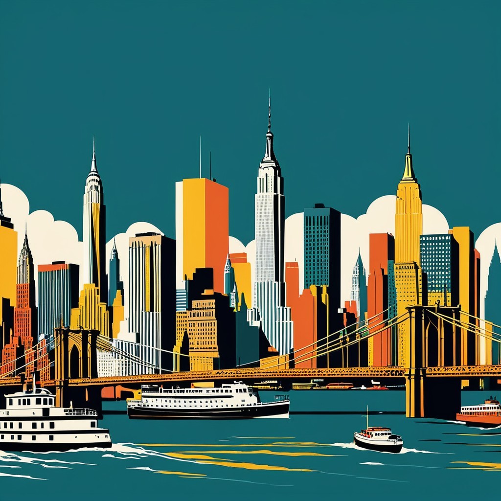 Colorful Stylized City Skyline with Iconic Landmarks
