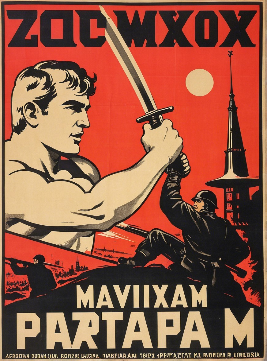 Muscular Figure with Sword and Rising Red Sun