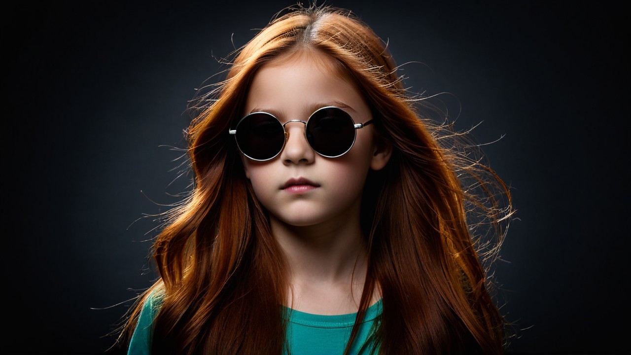 Young girl with red hair and round sunglasses portrait