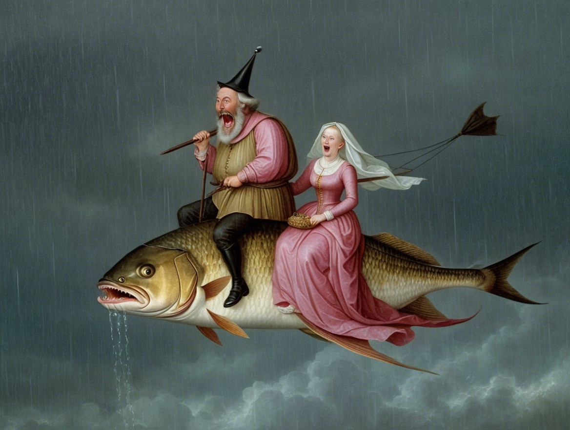 Whimsical Scene of a Couple Riding a Giant Fish