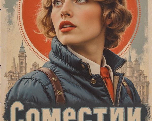 Vintage Propaganda Poster with Young Woman and Cityscape