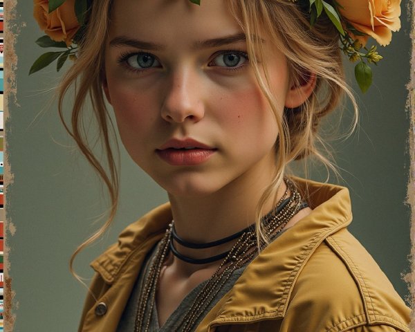 Young woman with floral crown and thoughtful expression