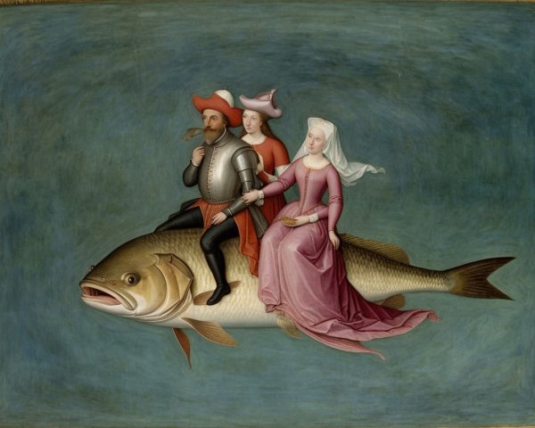 Whimsical Artwork of Figures Riding a Giant Fish