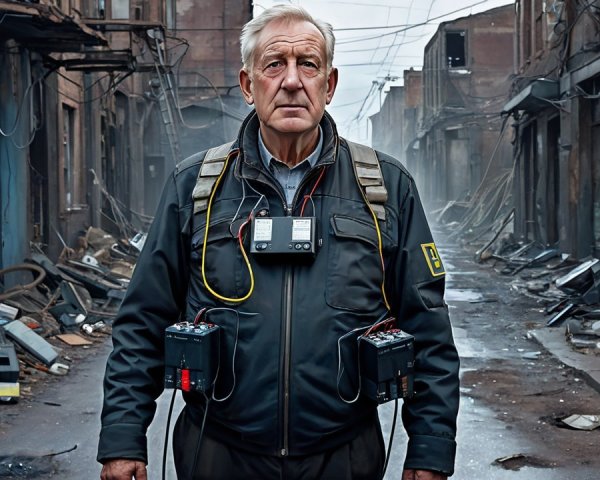 Older man in a desolate urban environment with debris