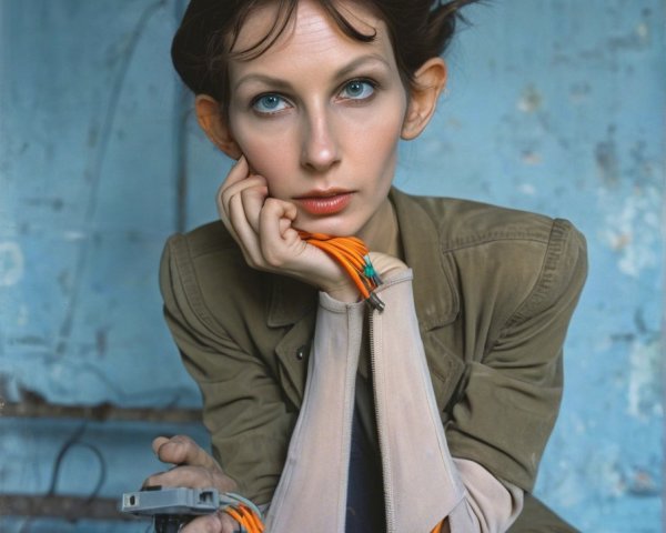 Portrait of a woman with expressive eyes and cables