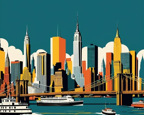 Colorful Stylized City Skyline with Iconic Landmarks