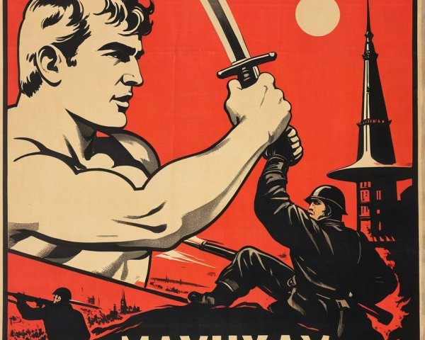 Muscular Figure with Sword and Rising Red Sun