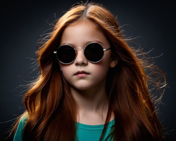 Young girl with red hair and round sunglasses portrait