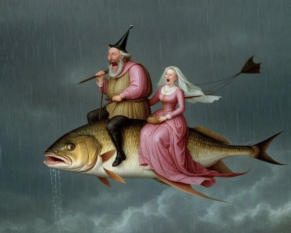 Whimsical Scene of a Couple Riding a Giant Fish