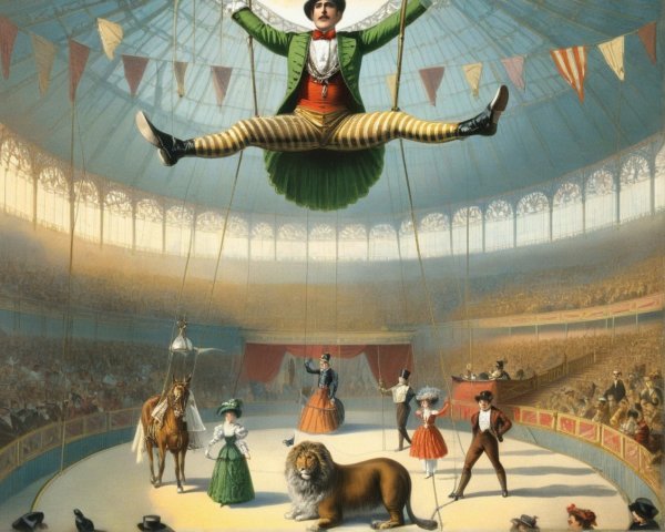 Vibrant Circus Scene with Trapeze Artist and Performers
