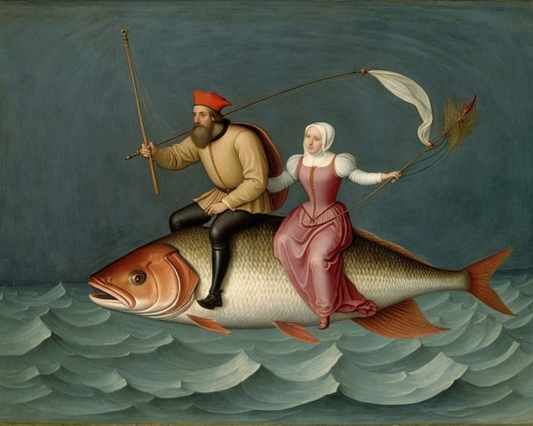 Whimsical Artwork of a Couple Riding a Giant Fish
