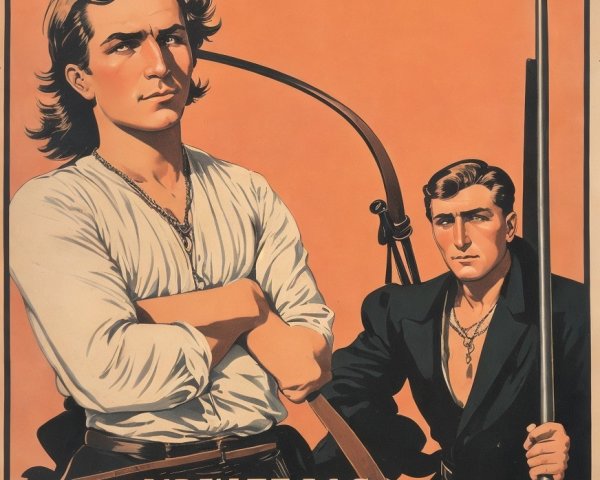 Strong Male Figures in Dynamic Pose on Orange Background