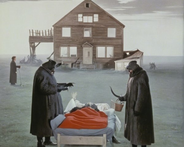 Surreal Landscape with Cloaked Figures and Full Moon
