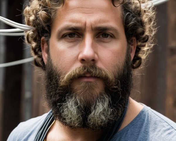 Man with curly hair and beard in rustic setting
