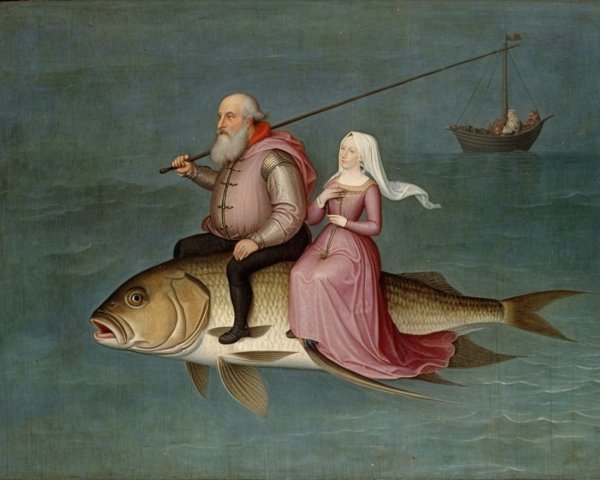 Whimsical Painting of Elderly Couple on Flying Fish