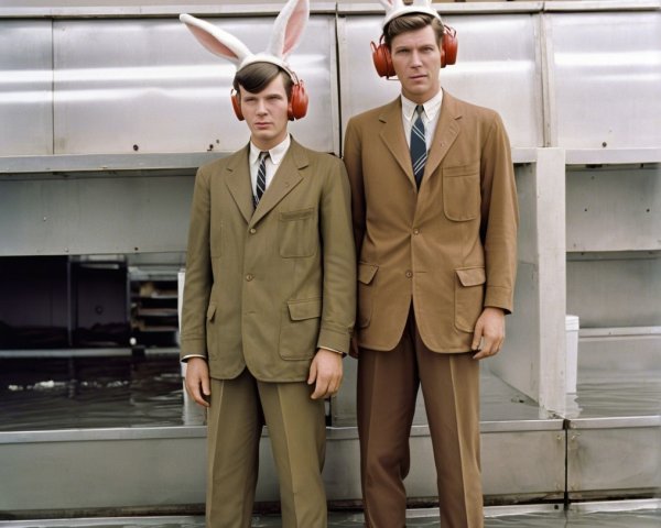 Men in Suits with Bunny Hats in Shallow Water