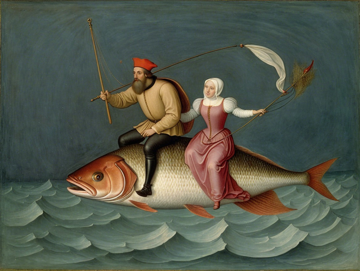 Whimsical Artwork of a Couple Riding a Giant Fish