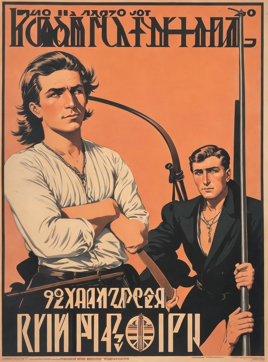 Strong Male Figures in Dynamic Pose on Orange Background