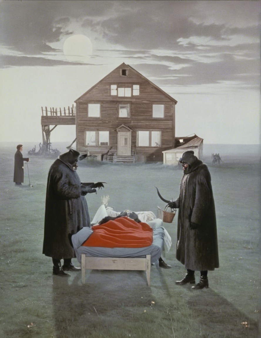 Surreal Landscape with Cloaked Figures and Full Moon
