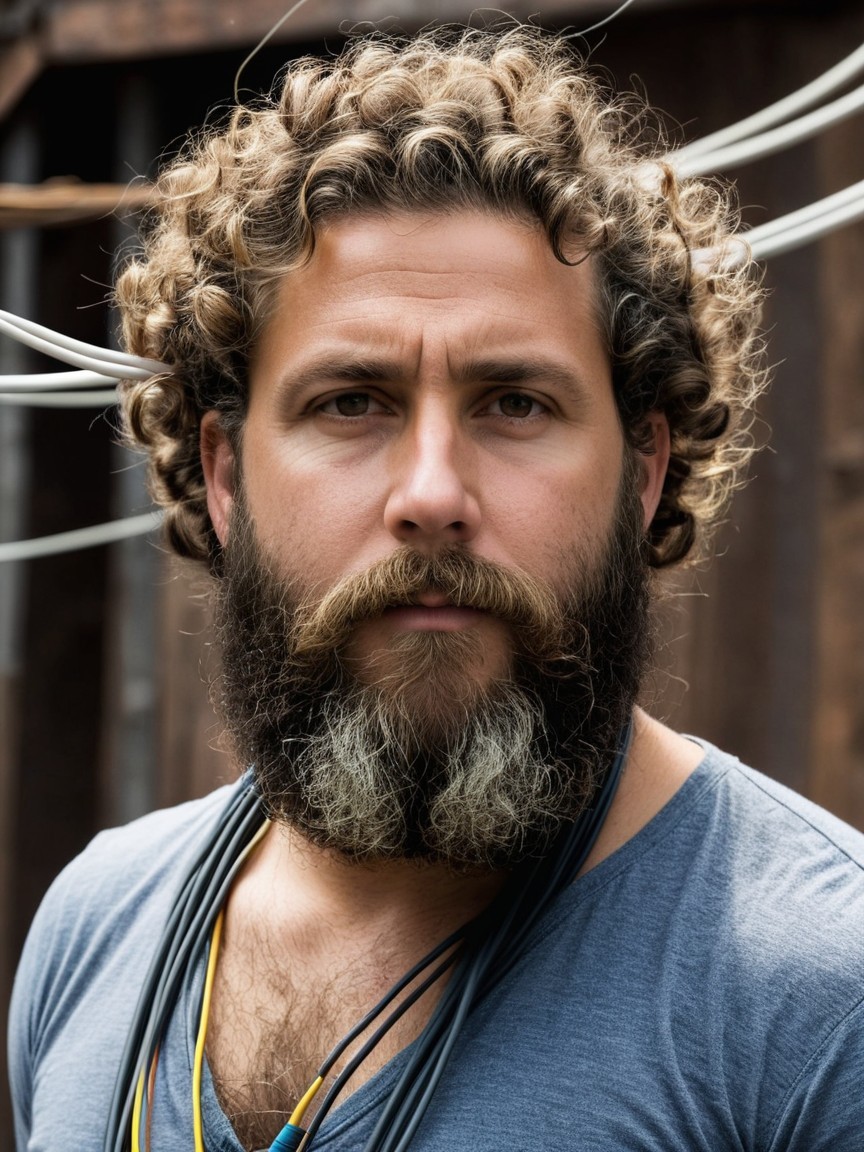 Man with curly hair and beard in rustic setting