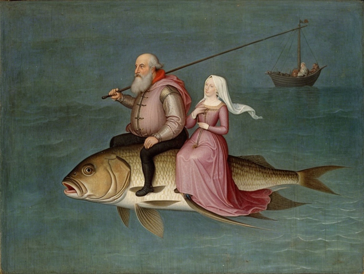 Whimsical Painting of Elderly Couple on Flying Fish