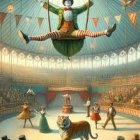 Vibrant Circus Scene with Trapeze Artist and Performers