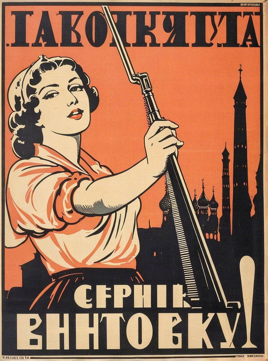 Vintage Propaganda Poster with Confident Woman and Rifle
