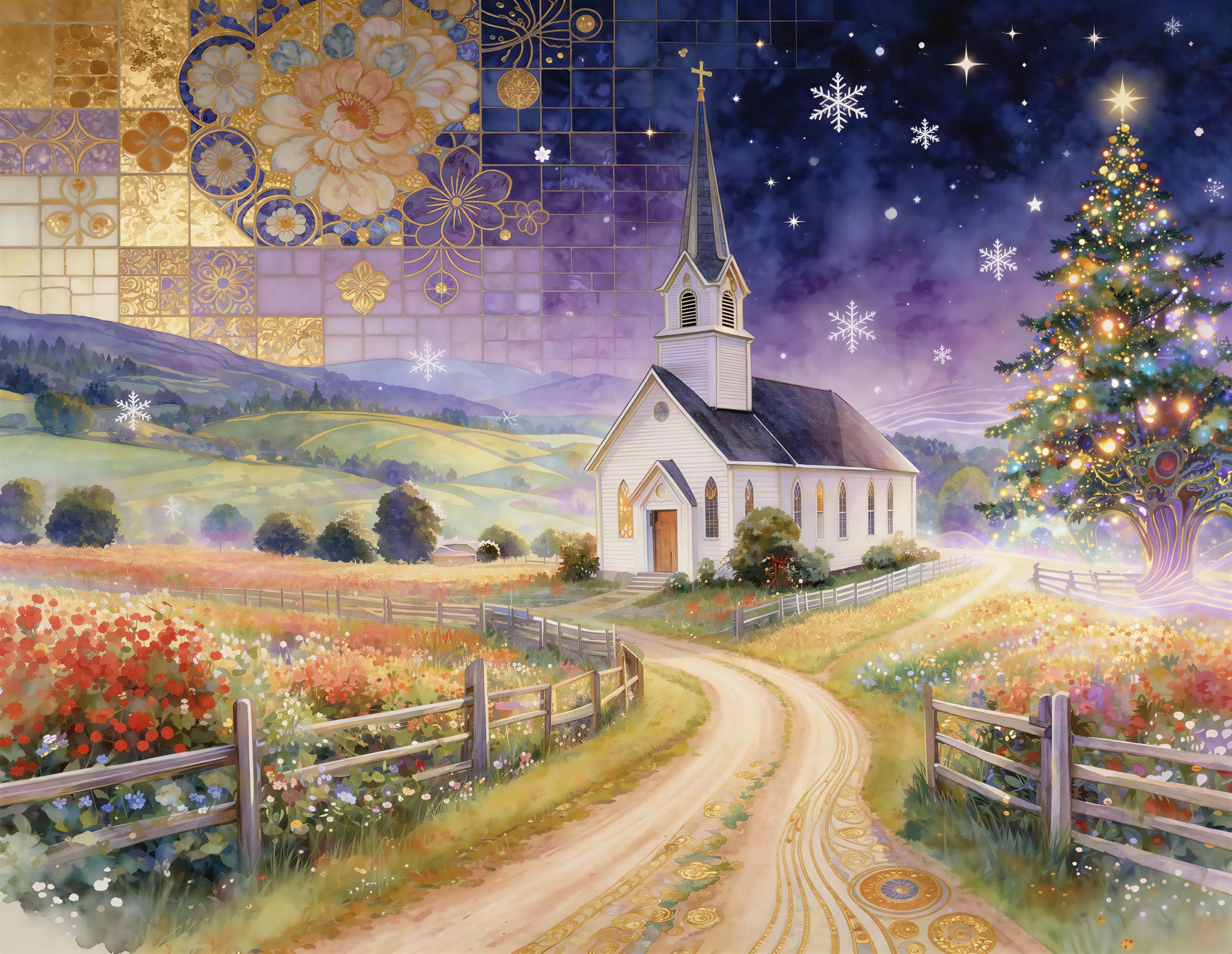 Whimsical Watercolor Christmas Scene with Church and Snow
