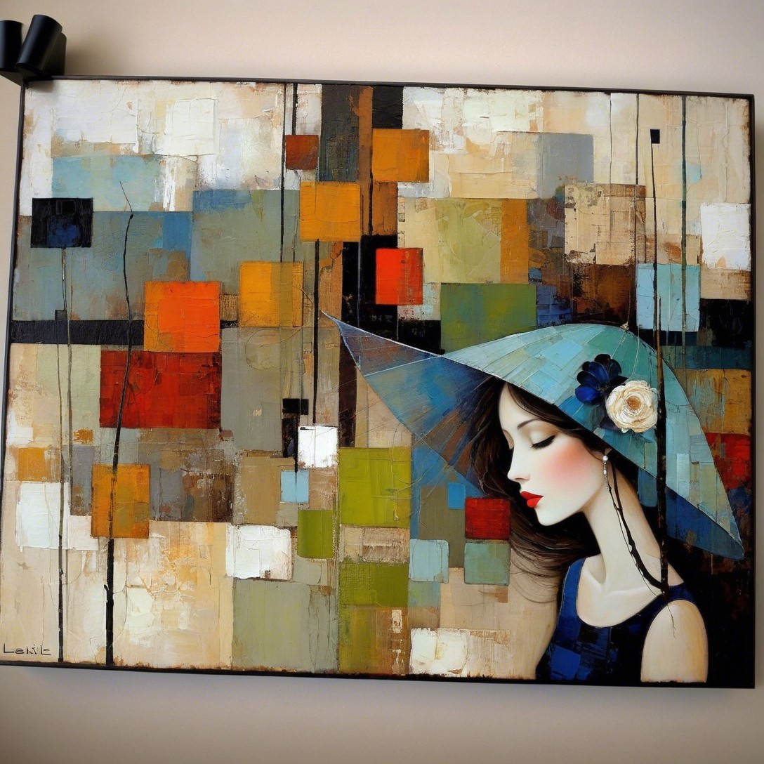 Abstract Oil Painting of Woman in Blue Hat and Mosaic Background
