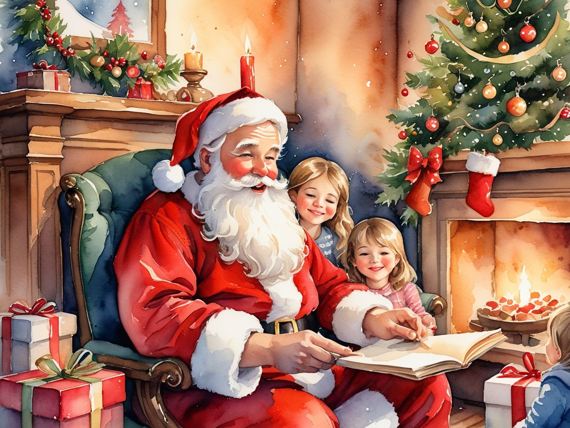 Santa Claus Reading to Children in Festive Room