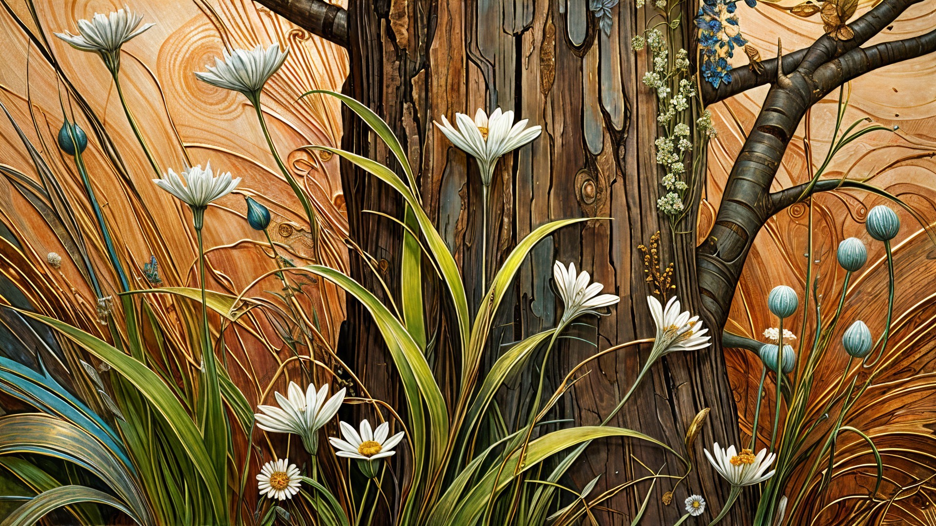 Vibrant Scene of Weathered Tree and Colorful Flora