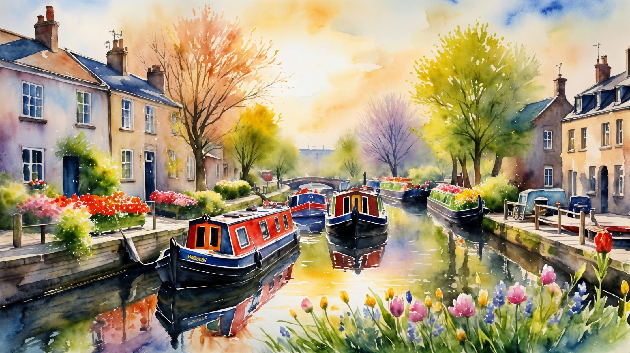 Vibrant Watercolor of a Serene Canal Scene