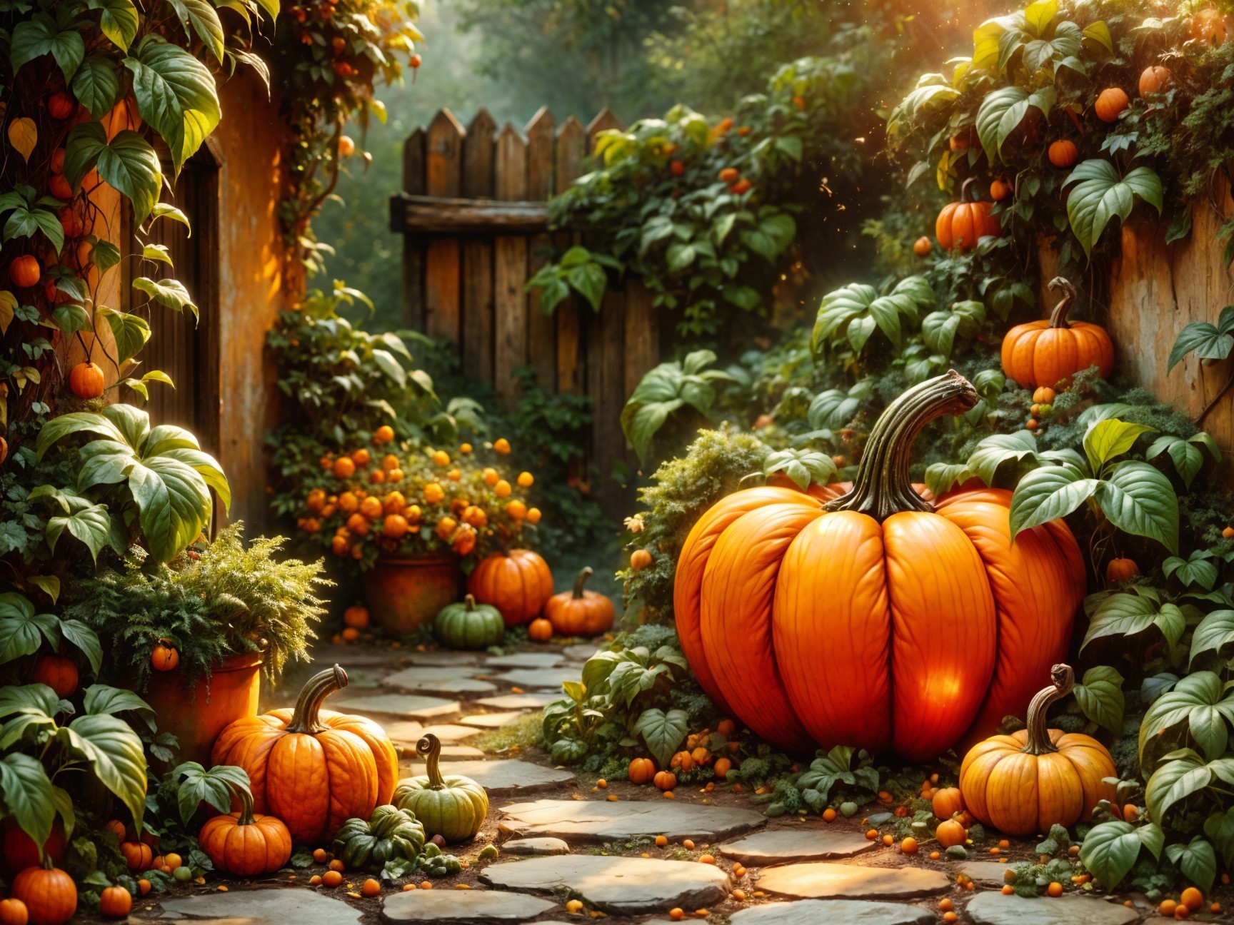 Charming Garden Pathway with Pumpkins and Vines