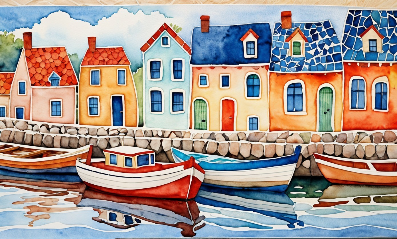 Vibrant Watercolor of a Charming Harbor Scene