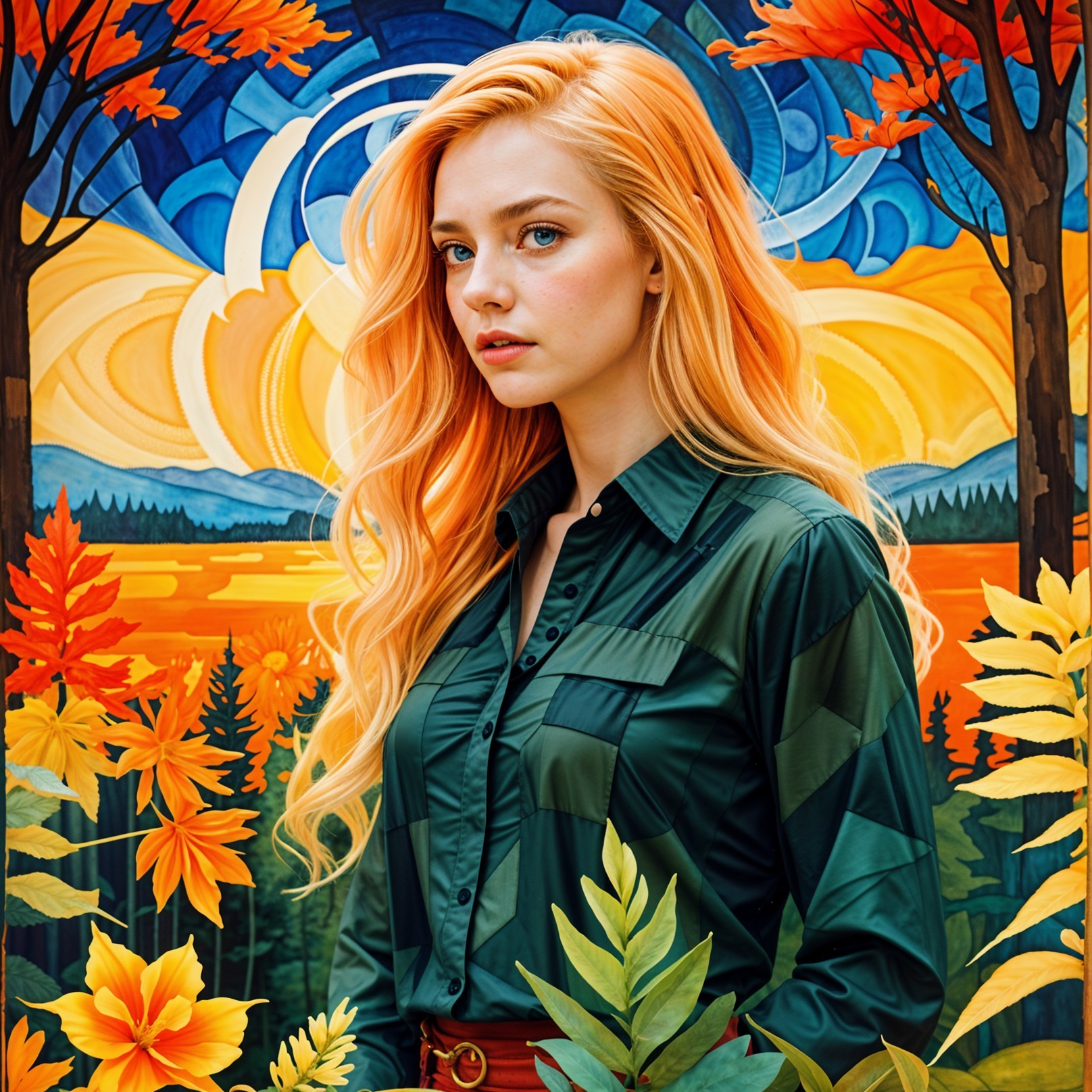 Young woman with orange hair in autumn landscape
