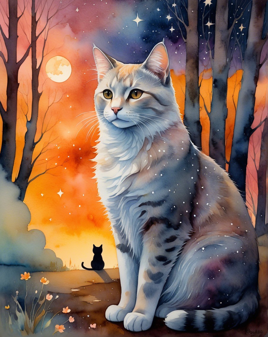 Fluffy Cat in Twilight Forest with Starry Sky