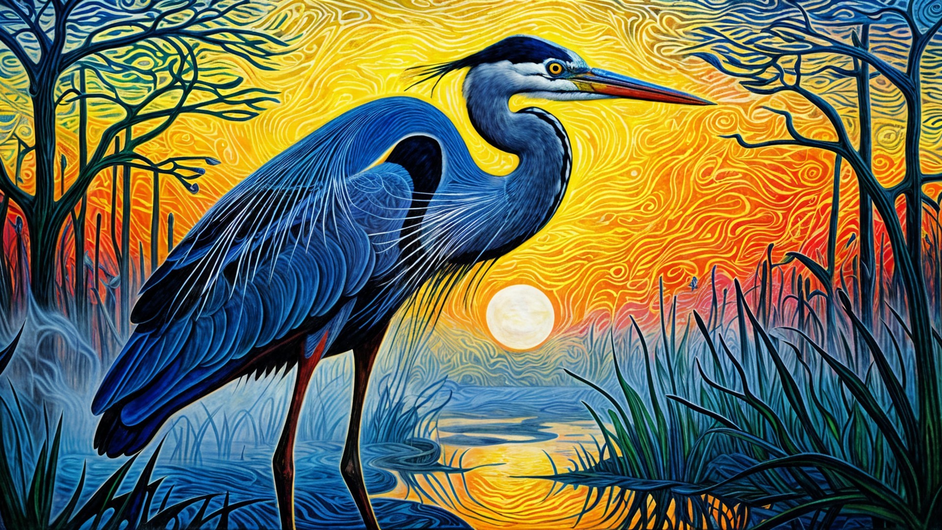 Blue Heron by Shimmering Waterway at Sunset