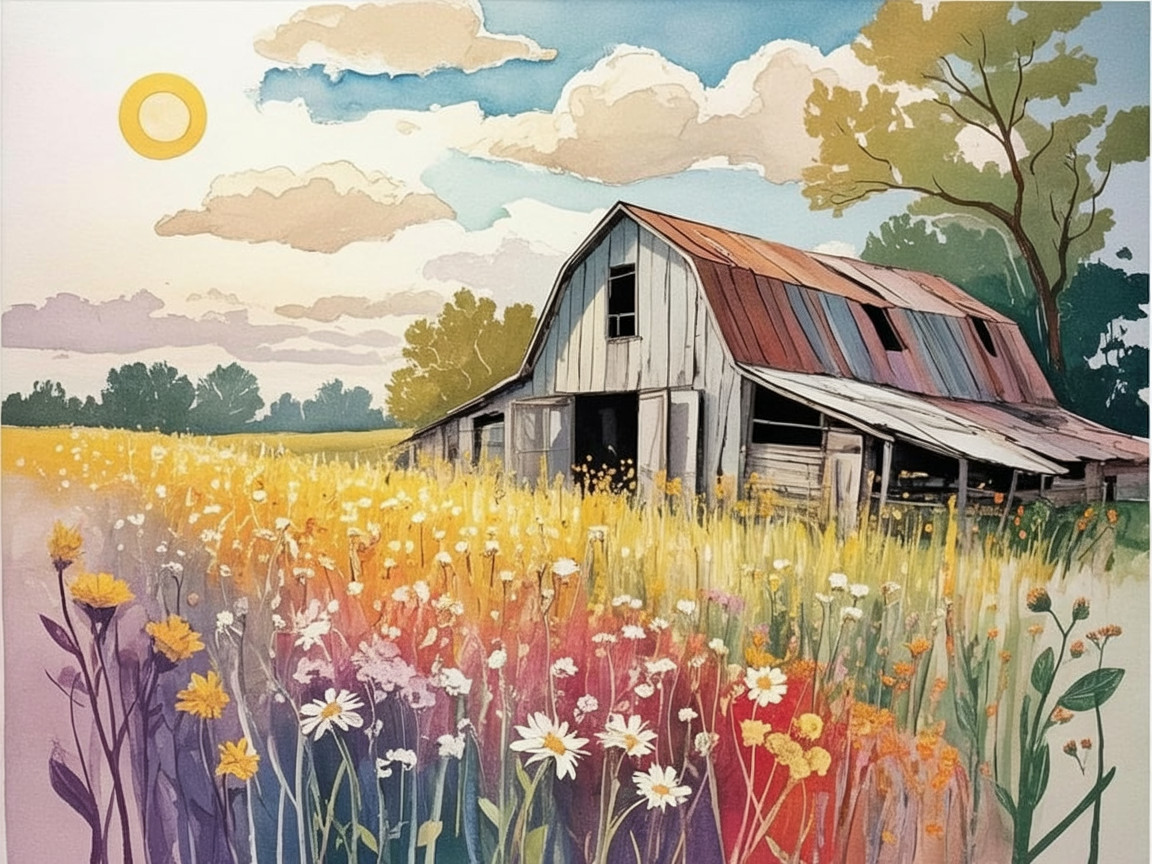 Rustic barn amidst vibrant wildflower field and trees